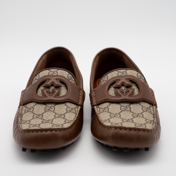 8G 8.5 US Gucci Interlocking G Leather Moccasin Driver Brown Loafers Leather - Picture 2 of 12